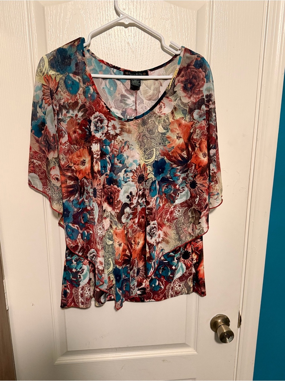 Suzie In The City Floral Sheer Flutter Sleeve Blouse - Teal, Rust, Cream